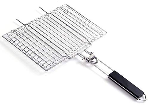 RajoNN Tragbarer Drahtgrill, Grillkorb, Grillnetz, Holzgriff, Fleisch, Fisch, Clip-Halter, Edelstahl-Grill, Grillnetz-Clip