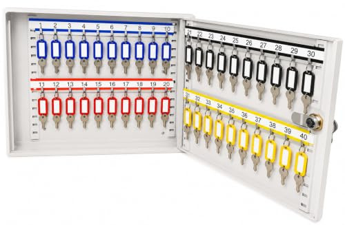 LEOMAR Schlüsselschrank mit 40 Haken, Schlüsselkasten aus Stahlblech, bewegliche Hakenleisten, abschließbar, Schlüsselbox zur Wandmontage, 6 x 20 x 22 cm