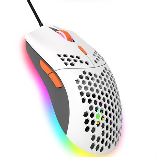 Trådbunden spelmus, 6 RGB-belysning 6400 DPI Programmerbara USB-spelmöss med 6 knappar, Honeycomb Shell Ergonomisk design för PC GamersXbox PS4 -Vit Orange