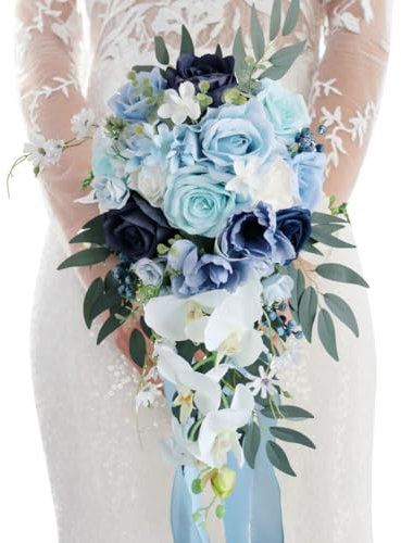 JAWSEU Bouquet de Mariée Cascade Artificiel en Rose Romantique - Fleurs Artificielles pour Demoiselle d'honneur