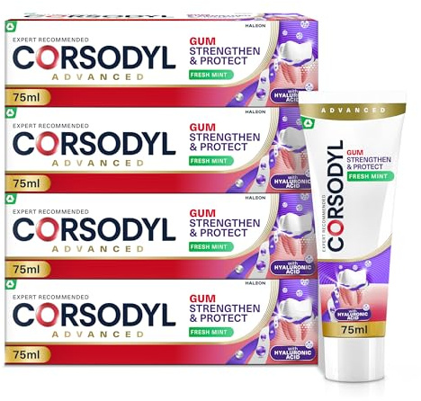 Corsodyl Fresh Mint Toothpaste Gum Strengthen & Protect, 4 x 75 ml | Gum care toothpaste, hyaluronic acid, plaque bacteria targeting, long lasting gum protection, fresh mint, daily use