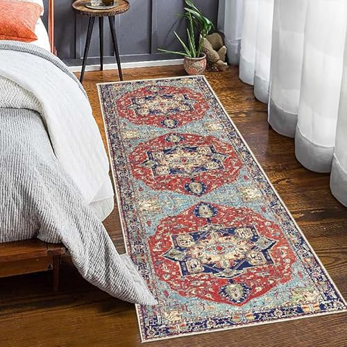 Generisch Vintage Flur Teppich Läufer Boho Bettvorleger Schlafzimmer Distressed Bunter Rugs rutschfest Waschbarer Langer Läufer Kurzflor Carpet Für Küchenläufer Teppichboden 50x180 cm