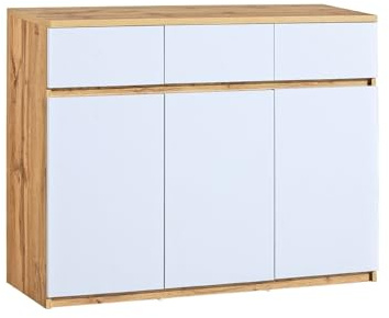 MINIO go for it - Kommode ARCCA mit 3 Schubladen und 3 Türen 120 cm Breit | Komodenschrank für Wohnzimmer, Büro, Schlafzimmer, Flur, Weiß / Wotan Eiche - B:120cm x H:94cm x T:40cm