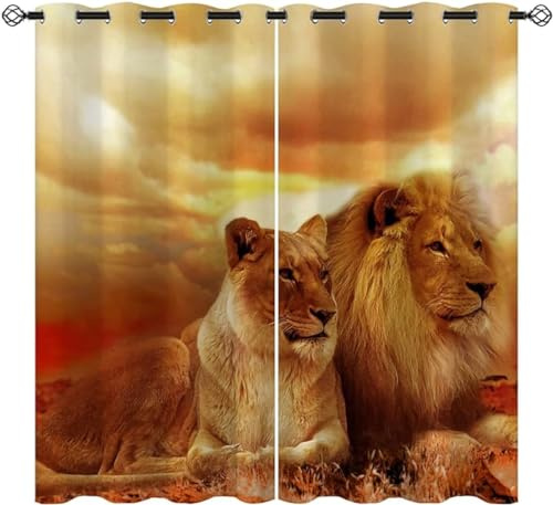 ZZTBQ Lion Animal Impression 2 Pièces Rideau Occultants pour Chambre d'enfant Brun Animaux Sauvages Rideau Occultant Opaque à Oeillets 140x160cm pour Chambre d'enfant et Salon