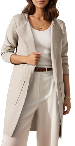 Timuspo Cardigan da Donna Lungo Davanti Aperto Coatigan Tinta Unita Maglione Cardigan Drappeggiato Casual Elegante Autunno Inverno Cappotto Lavorato a Maglia con Tasche, Beige., M