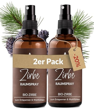 Heldengrün® Zirbenspray Alpenzirbe [ECHTES ZIRBENÖL] Dermatologisch getestet - Zirbenöl Spray - Holzig & frisch - Kissenspray & Raumspray Tannenduft - Zirbelkiefer aus Österreich - 2 x 100 ml