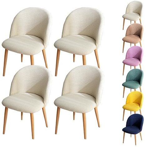 LinFortune Funda para Silla de Comedor con Respaldo Curvo Funda para Silla Redonda A Cuadros Funda Protectora para Taburete Redondo Funda Protectora para Silla de Comedor Color Crema 4 Piezas