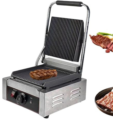 forplubossmmp Sandwichera Eléctrica De Una Sola Placa, Plancha para Pan Y Sándwiches, Ajustable Entre 50 Y 300 °C, Plancha Eléctrica para Carnes, Hamburguesas Y Verduras, Acero Inoxidable,grooved