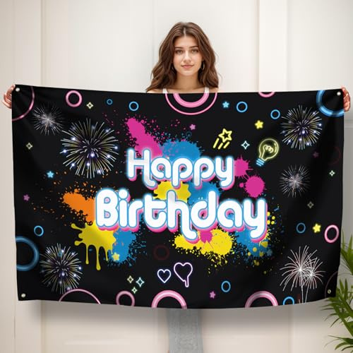 Koliphy Striscione con scritta Happy Birthday, sfondo decorativo portatile, extra large, per feste di compleanno, poster decorativo per bambini (getto d'inchiostro nero)
