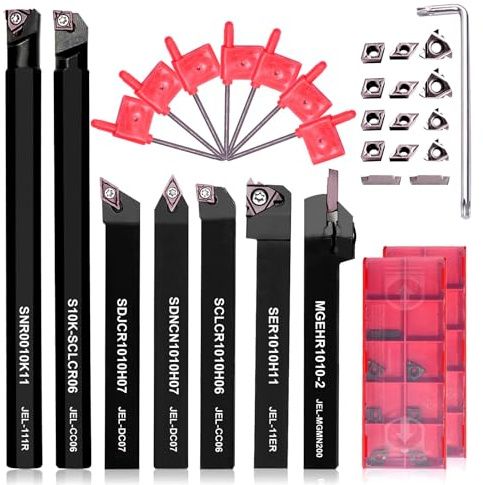 Lathe Turning Tool Set, 10mm 3/8 Shank Metal Lathe Cutting Tools | 7PCS Holders for Grooving, Threading, and Semi-Finishing | Includes 14pcs Carbide Inserts