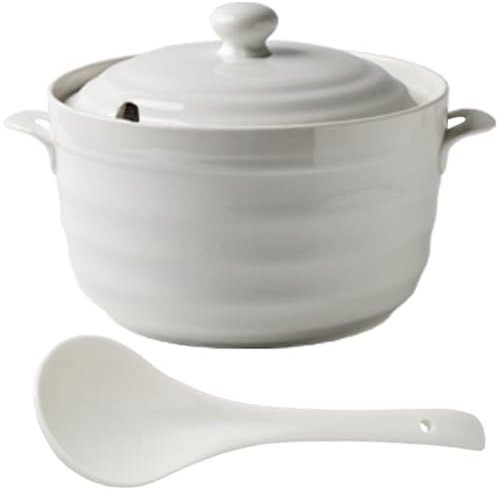 ZGFOZJGC Sopera Blanca con Tapa, Cuenco de cerámica con Doble asa y cucharón, de Porcelana Blanca, Redonda, para decoración de restaurantes, hogar y Cocina, 2,2 l