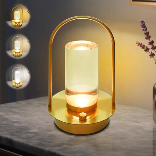 Lampe de table LED à intensité variable sans fil, chargement USB portable, 3 températures de couleur, avec commande tactile, lampe de table à batterie, lampe de chevet dorée, lanterne portable en