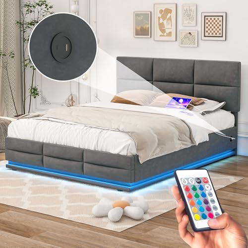 OKimmy Polsterbett Doppelbett 140x200cm, mit LED-Beleuchtung, Zweiseitige USB/Type-C-Ladefunktion, hydraulischem Stauraum, Bettgestell mit verstellbarem Kopfteil, mit Lattenrost Ohne Matratze, Grau