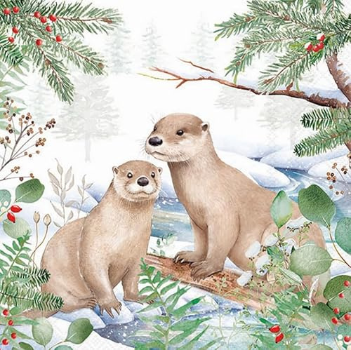 20 Servietten Weihnachten Otter in Schneelandschaft als Tischdeko. Papierservietten mit Motiv. Auch für Decoupage und Serviettentechnik 33x33cm