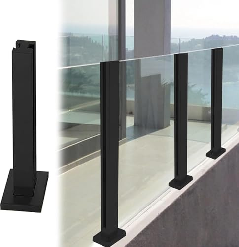 Système de garde-corps en verre robuste pour balcon - Ensemble de pinces en verre noir - Poteau d'extrémité en béton et bois - H : 85 cm