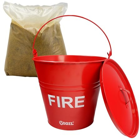 Vigil Fire Safety Kit - Galvanised Red Metal Bucket with Lid & 12.5kg Sand Bag - Fast Response Small Fire Suppression, Flammable Liquid Spill Control - Garage & Industrial Use