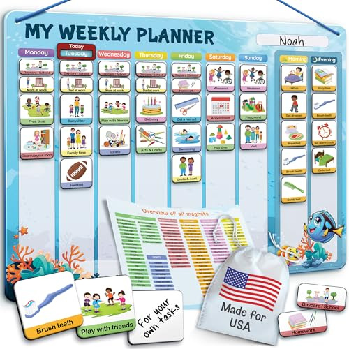 LIKARTO Visual Schedule for Kids - 2-in-1 Weekly + Daily Schedule - Magnetic Schedule with 194 Magnets and Magnetic Backing - Chore Chart Kids - Routine Chart for Toddlers, Autism, ADHD - Blue
