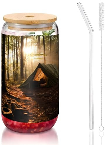 WZYCWB tendone da 16 once coperchio in bambù tazza di vetro tazza di vetro tazze da caffè ghiacciato carino tazze da tè ghiacciato tazze da birra ideali per accessori bar caffè regali estetici