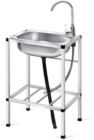 Lavello Portatile in Acciaio Inox - Stazione lavamani Indipendente con Vasca Singola per Garage, Ristorante, Cucina, Esterno, Lavanderia (Rubinetto Caldo/Freddo, 18,9 x13,8)