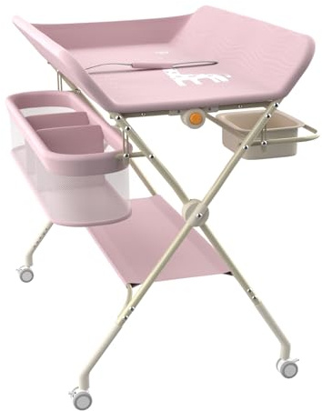 Table à Langer Mobile pour Bébé, Pliable avec Hauteur Réglable sur 5 Niveaux Poubelle Panier de Rangement Etagère Roues Verrouillables, pour Chambre de Bébé,75 * 68 * 83-91cm (A) Rose