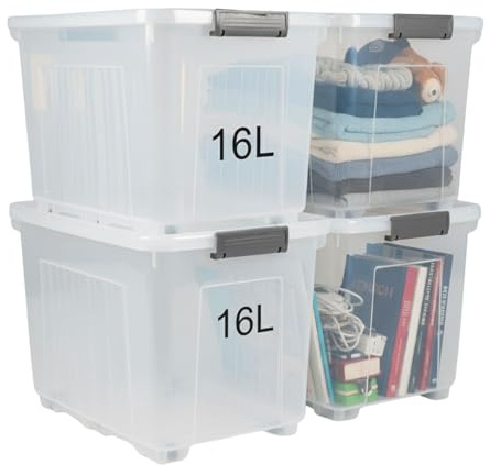 Plastard Aufbewahrungsboxen mit Deckel & Rollen – 4er Set, 16 L, BPA-Frei | Robuste stapelbare Ordnungsboxen, Transparent & vielseitig für Haushalt, Büro, Werkstatt & Kinderzimmer, für indoor & outdoor