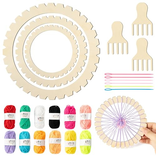 3-Größen Holz Rundwebrahmen-Set, Komplett Webstuhl Set mit 12 Wollknäueln 3 Webkämmen DIY-Untersetzer-Wandteppich Gestrickt Kunsthandwerk Basteln für Anfänger Kinder Heimtextilien Kreatives Geschenk
