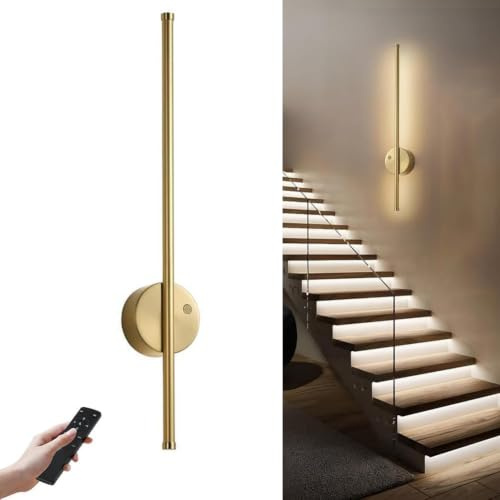 LOGT LED Akku Wandleuchte Ohne Stromanschluss 60CM Lang Wandlampe Bewegungsmelder Kabellose Licht Wand Wohnzimmerlampe Dimmbar Fernbedienung Wandleuchten 6000mAh Batterielampe,Gold,60CM