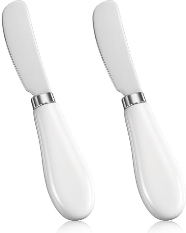 Larrel 2 Stück Buttermesser, Edelstahl Klein Buttermesser Butterstreichmesser mit Keramik Griffe Käsemesser mit stumpfer Klinge Dessertmesser Set für Weichkäse, Butter, Marmelade, Gebäck,13,2x 2,7 cm