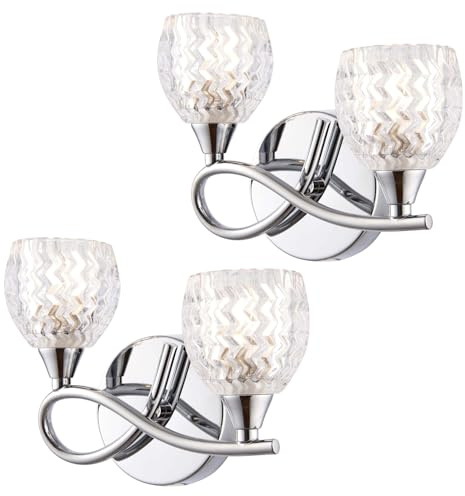 Reagan Decorative Wall Light – Dimmable Indoor Home Lights – Internal Wall Light with Patterned Glass – Led Sconce 33W Twin Wall Lamp – IP20 Rated Hallway Lamp – G9 Crystal Lampshade – Chrome - 2 Pack