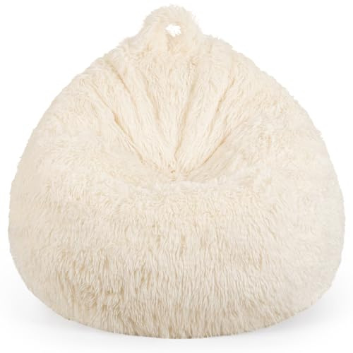 LAHAQIQI Beige Shaggy Faux Fur Bean Bag Chair Cover (No Filling) – Stuffed Animal Storage for Kids – Fluffy Soft Toy Organiser – Washable Bedroom Floor Cushion (70x80cm / 200L)
