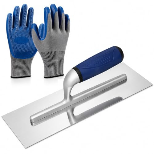 Llana Lisa Acero Inoxidable 120 x 300 mm, Llana Profesional con Mango Ergonómico Antideslizante, Espátula para Enlucido, Yeso, Cemento, Mortero, Masilla, Adhesivos Incluye Guantes