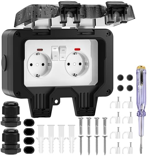 Enchufe Exterior Impermeable, Toma de Corriente IP66, Estanco con Interruptor, Conector de Cable y Tapa Abatible, para Cocina Baño Garaje Piscina y Jardín,Negro