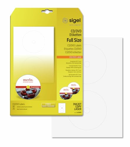 SIGEL CD DVD Etiketten FullSize blickdicht 50 Etiketten | LA505, Mit Zentrierhilfe und 17 mm Innenloch