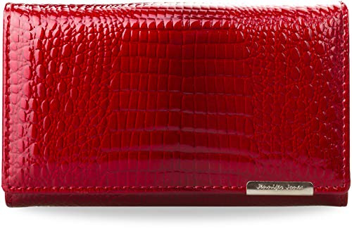 Elegante cartera charolada con monedero 100 % cuero natural para dama, marca JENNIFER JONES (rojo)