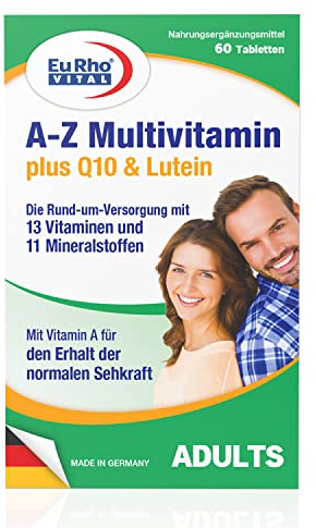 A-Z Multivitamin Tabletten mit Q10 und Lutein | Die vegetarische Rund-um-Versorgung mit 13 Vitaminen und 11 Mineralstoffen | 60 Tabletten für 2 Monate | EuRho® Vital – Made in Germany