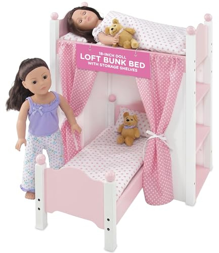 Emily Rose 18 Inch Doll Loft Bunk Bed Pink - Wooden Doll Bunkbed with Storage Shelves, Ladder, Removable Single Bed, 2 Polka Dot Bedding Sets & Curtains - Fits American Girl Dolls