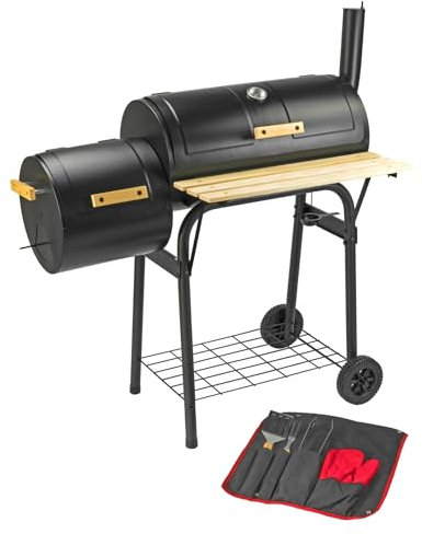 KCT Outdoor Multifunction BBQ Smoker with Multi Tool Set - Portable Grill with 2 Cooking Chambers, Shelves and Intergrated Thermometer for Garden Patio