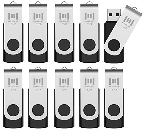 MOSDART USB2.0 32GB Flash Drive, Swivel Design with LED Indicator, Keychain Loop, FAT32 Memory Stick for Data Storage, Black(Pack of 10)