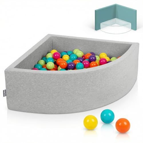 KiddyMoon Eckiges Viertel Bällebad 90x30 cm mit 200 Bälle 7 cm Schaumstoff Bällepool für Baby und Kleinkinder - Hellgrau: Hgrün Gelb Türkis Orange Dpink Violett