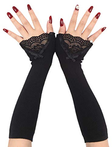 PHILSP Sonnencreme Ärmel Frauen Winter gerippt Strick Armwärmer Ärmel Spitze Bowknot Lange Fingerlose Handschuhe schwarz