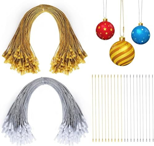 ilauke 200 Stück Weihnachtsschmuck Aufhänger Snap Locking String, Fäden für Weihnachtsschmuck vorgeschnittene Hängeseile für Christbaumschmuck Dekorationen mit Druckknopf, 20cm (Gold & Silber)