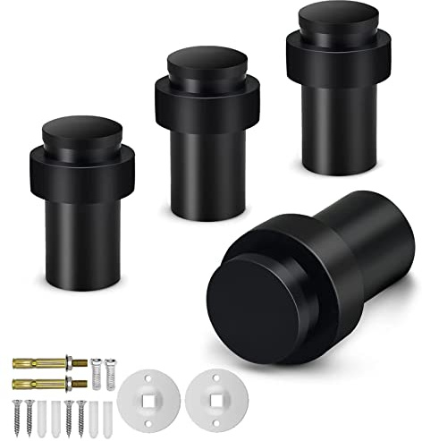 Türstopper, 4 Stück, 65 mm, schwarz, Türstopper, Bodenmontage, Edelstahl, robuste Türstopper für Wand, Bodenmontage, moderner Türstopper, Halter mit dicker Gummi-Stoßstange, zylindrisch