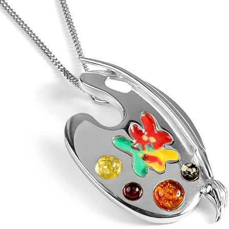 HENRYKA 925 Sterling Silver Artist Palette Earrings, Necklace, Brooch in Baltic Amber | Art Jewellery Gifts