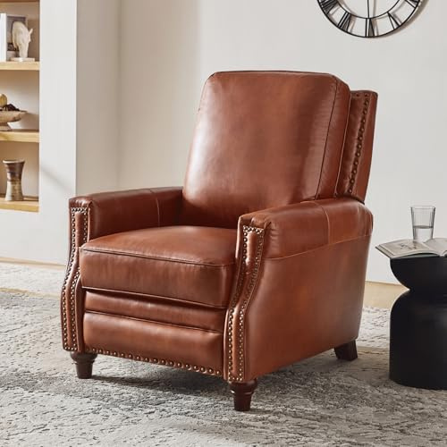 HULALA HOME Genuine Leather Manual Recliner Chair with Adjustable Backrest & Footrest, Mid Century Modern Push Back Recliner with Nailhead Trim & Wood Legs-for Living Room Home Theater, Saddle