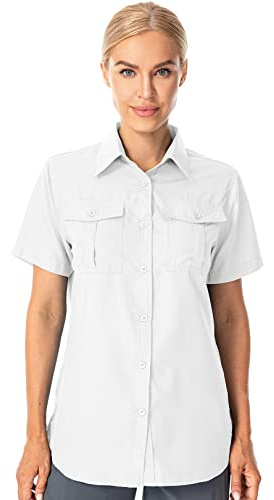Women's UPF 50+ Short Sleeve Button Down Shirts UV Sun Protection Safari Shirts Quick Dry Outdoor Shirt for Fishing Hiking Travel (5075,White,S)