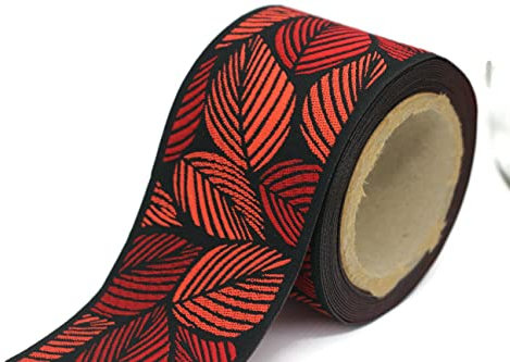 V8 196 Gardinenband mit tropischen Blättern, Jacquard-Band für Ihre Vorhänge, Vorhänge, Vorhangband, 4,7 m Spule, 6,8 cm, Rot / Orange