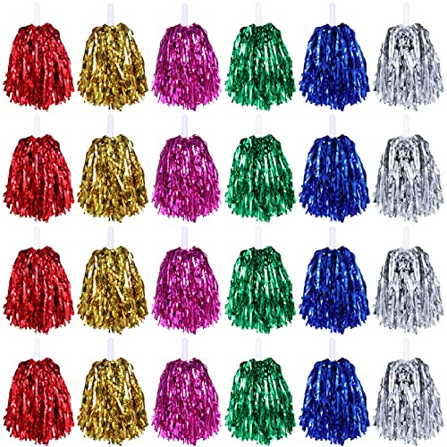 Chivao 24 Pcs Cheerleading Pom Poms, Metallic Foil Handle Cheer Squad Team Spirited Fun for Party, Sports Dance Cheer, 30 Grams Weight Each(Blue, Green, Gold, Silver, Red, Rose Red)