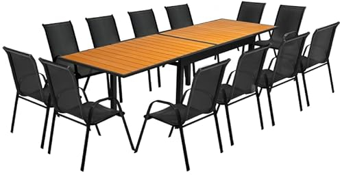 IDMarket Gartenmöbel-Set aus Poly, ausziehbar, Tisch 135/270 cm und 12 Stühle, Holz und Schwarz