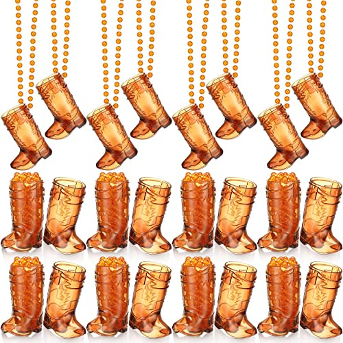 Sieral 24 Pcs Cowboy Boot Shot Glasses on Beaded Necklace Plastic Reusable Cowgirl Shot Boot Glasses Necklace Party Cups for Cowboy Cowgirl Bachelorette Carnival Western Birthday (Transparent Brown)