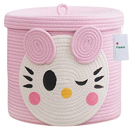 Fieans Groß Aufbewahrungskorb Baumwollseil Geflochtener Wäschekorb Baby Mädchen Spielzeugkorb Kinderzimmer Dekorativer Körbe mit Deckel, Rosa Katze, 32 x 32 cm, L